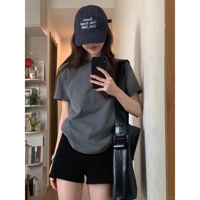 灰色正肩短袖T恤女夏季2025新款基础款体恤显瘦宽松百搭甜辣上衣
