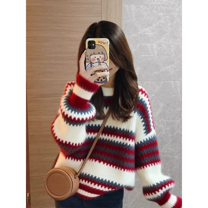 撞色条纹长袖毛衣女2026新款春季圆领宽松显瘦洋派减龄针织0124e,女装/女士精品,T恤,淘宝优惠券,粉丝福利购,淘宝优惠卷