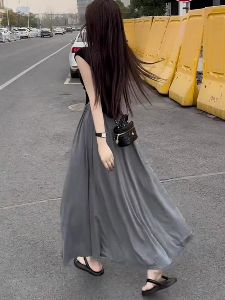 灰色半身裙女2024新款夏款薄款高腰垂感中长款伞裙夏日多巴胺穿搭