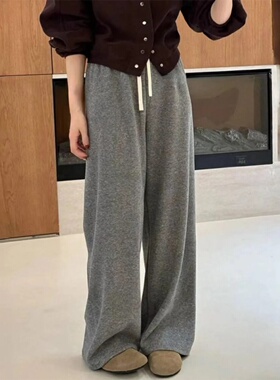 欧货灰色抽绳糯米裤女秋季加绒高腰垂感直筒阔腿卫裤休闲拖地长裤