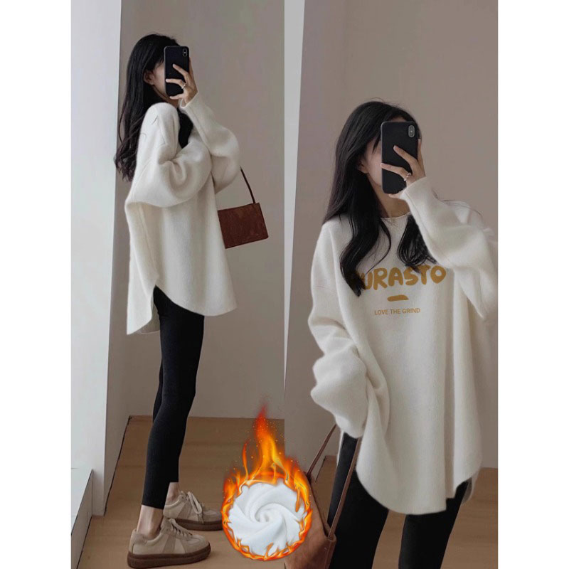 中长款遮屁股打底衫女秋冬2025新款磨毛长袖T恤配鲨鱼裤上衣1210r