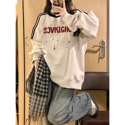 三条杠条纹圆领卫衣女春季小个子穿搭美式宽松时尚上衣oversize潮