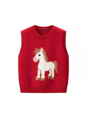 本命年新年红色小马提花针织马甲秋2026新款宽松叠穿毛衣背0115k