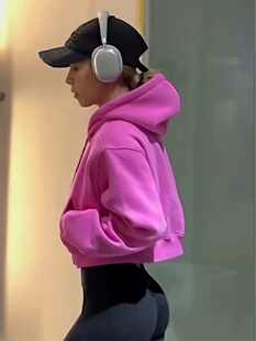 美式粉色连帽卫衣女2025秋冬新款小个子短款百搭加绒健身运动上衣