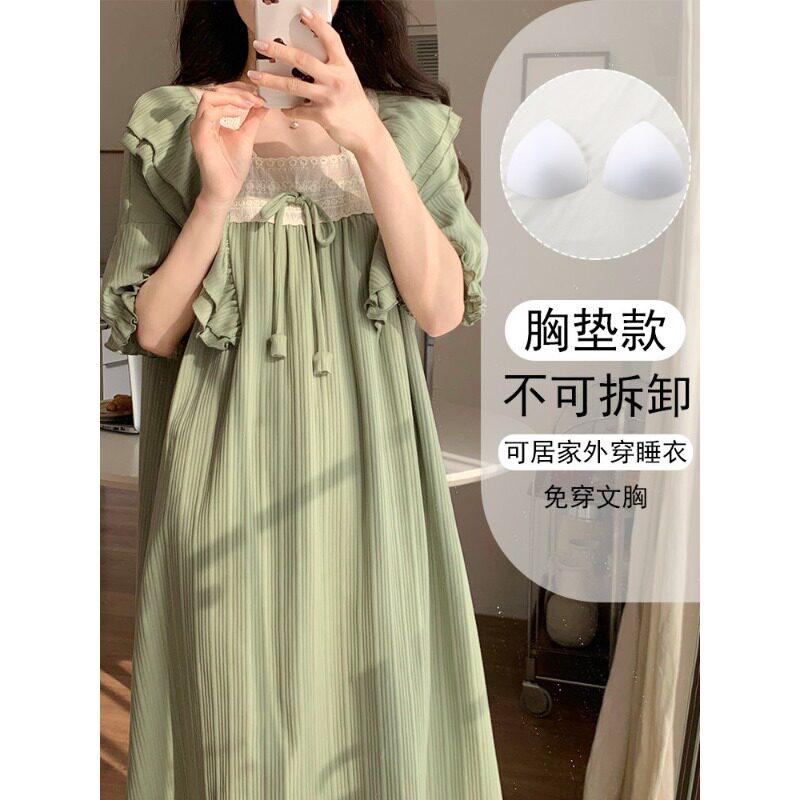 公主风短袖带胸垫睡裙女款夏季薄款2026新款蝴蝶结系带睡衣家居服