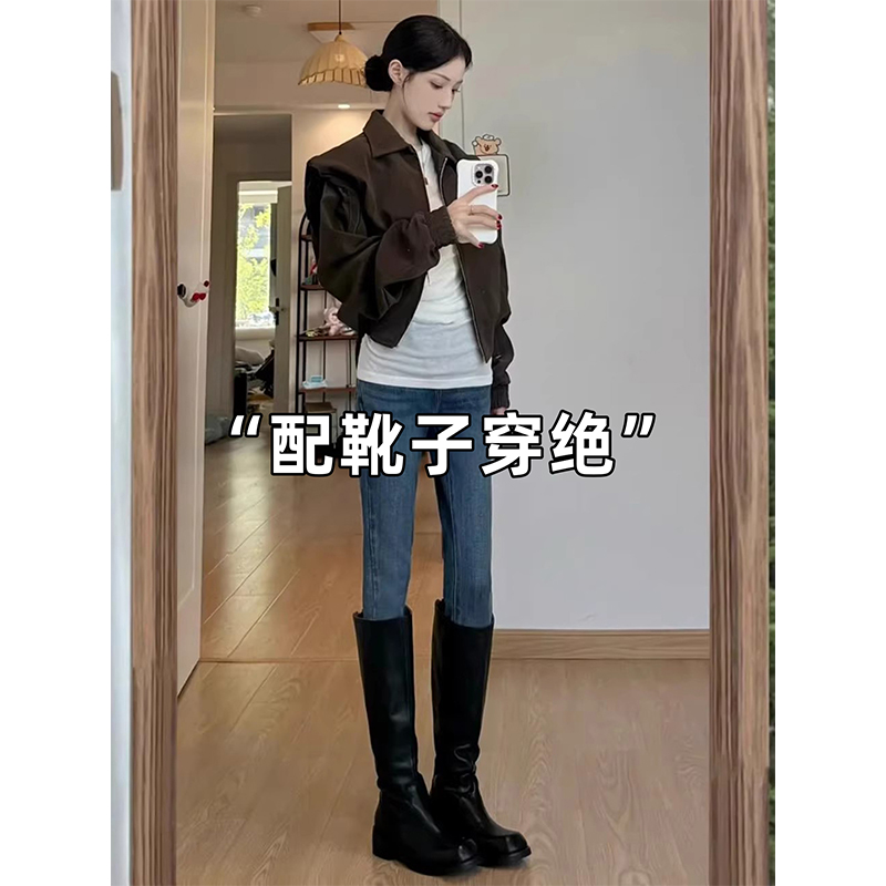 美式高腰小脚牛仔裤女2025新款秋冬加绒靴裤小个子显瘦紧身铅笔裤