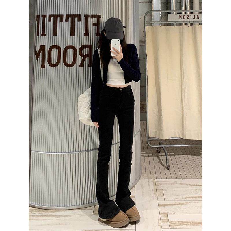 高个子黑色微喇叭牛仔裤女装2025春季新款加绒高腰修身弹力马蹄裤