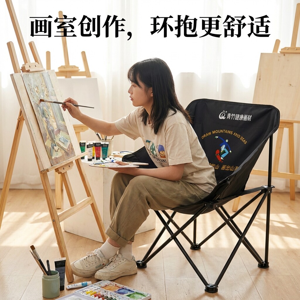 青竹月亮椅美术生专用户外便携折叠椅考研背书折叠凳写生画凳椅子凳子月亮凳轻便写生椅艺术椅休闲椅