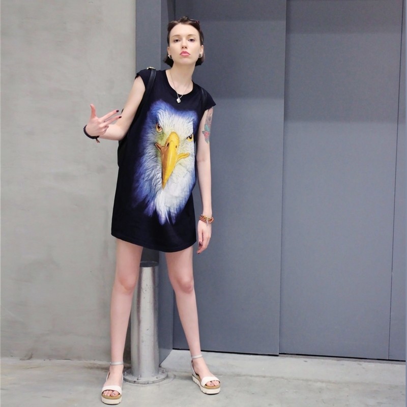 中长款短袖T恤女夏季新款ins时尚个性潮老鹰印花纯棉宽松体恤上衣