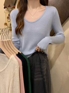 个性针织打底衫女秋冬新款韩版内搭V领短款毛衣学生长袖上衣ins潮