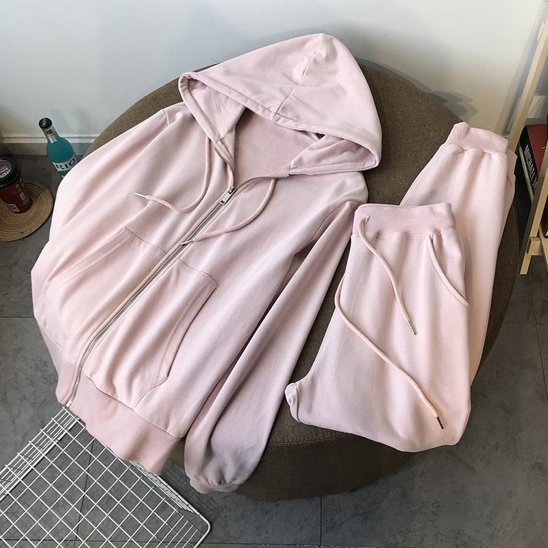 个性班服卫衣女春秋薄款拉链连帽衫两件套宽松运动休闲套装束脚裤图片