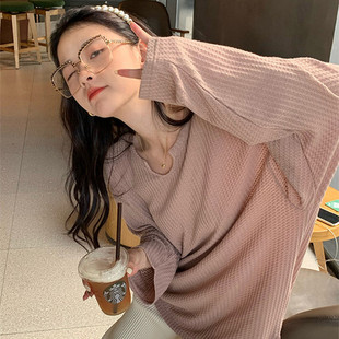 个性时尚新款华夫格卫衣女薄款韩版宽松学生长袖T恤女上衣ins潮流
