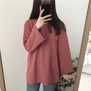 个性秋装新款韩版宽松纯色长袖t恤女秋衣外穿学生百搭上衣服女潮T