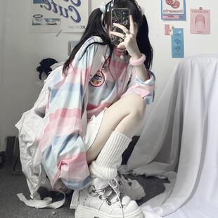个性时尚潮流秋季新款长袖t恤女上衣韩版条纹宽松学生打底衫女装T