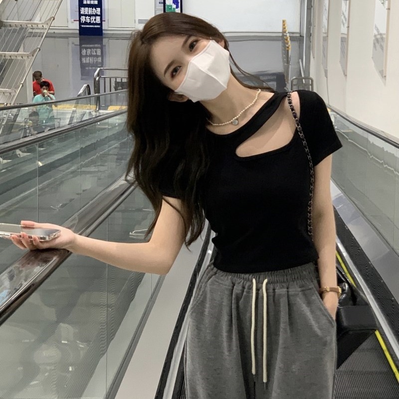 个性班服夏新款纯欲风设计感镂空修身短款打底衫短袖T恤女装上衣t