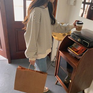 个性卫衣女早秋新款韩版宽松设计感条纹上衣圆领套头长袖T恤潮流T