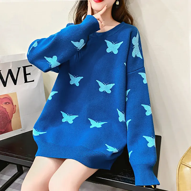 个性大码女装胖mm显瘦复古毛衣日系外穿蝴蝶印花百搭宽松冬季上衣