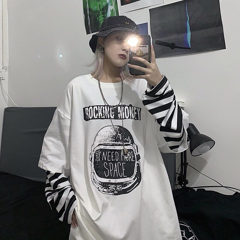 个性休闲班服秋宽松假两件条纹长袖t恤女chic港味学生上衣女装潮T