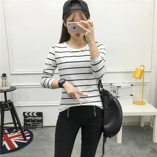 个性时尚潮女装秋装新款韩版条纹宽松显瘦女士学生长袖t恤女上衣T