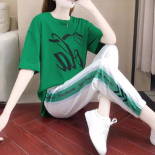 个性时尚潮流运动套装女夏韩版宽松大码港味休闲洋气长裤女装两件