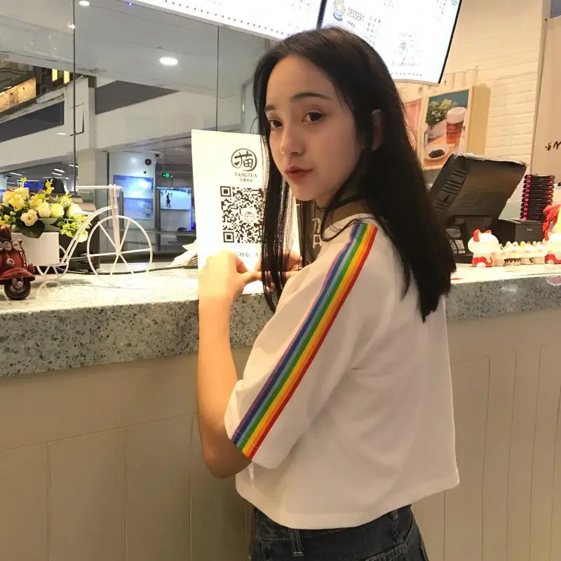 个性夏季新款韩版宽松高腰短袖T恤女学生印花短款露脐上衣女装潮t