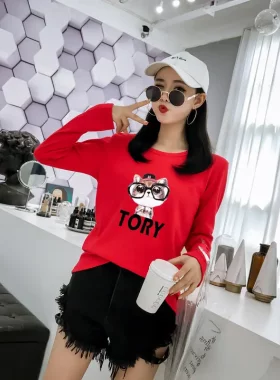 个性新款秋装t恤女宽松卡通印花长袖上衣ins超火的学生上衣打底衫
