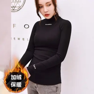 个性半高领上衣加绒打底衫女秋冬字母绣花修身学生纯色长袖t恤女T