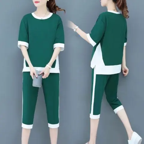 个性夏季韩版时尚运动服新款气质休闲套装女大码短袖七分裤两件套