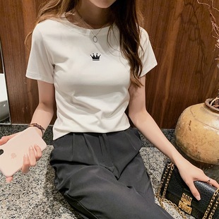 刺繡圓領短袖 2025夏季 新款 修身 學生女士打底上衣一件代發(fā) T恤女裝