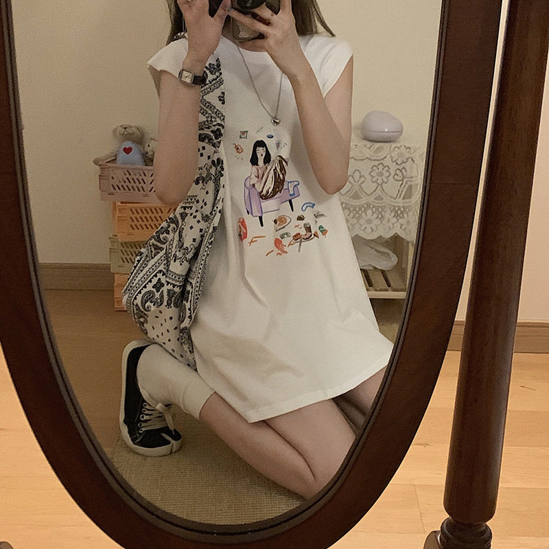 个性班服白色无袖T恤女夏外穿韩版宽松印花背心中长款学生上衣潮t