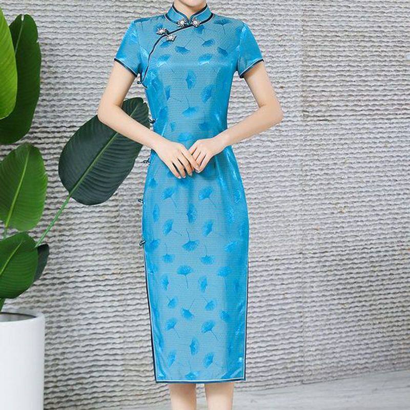 致尘缘中国风改良宴会礼服旗袍 桑蚕丝素色提花桑蚕丝手工盘口