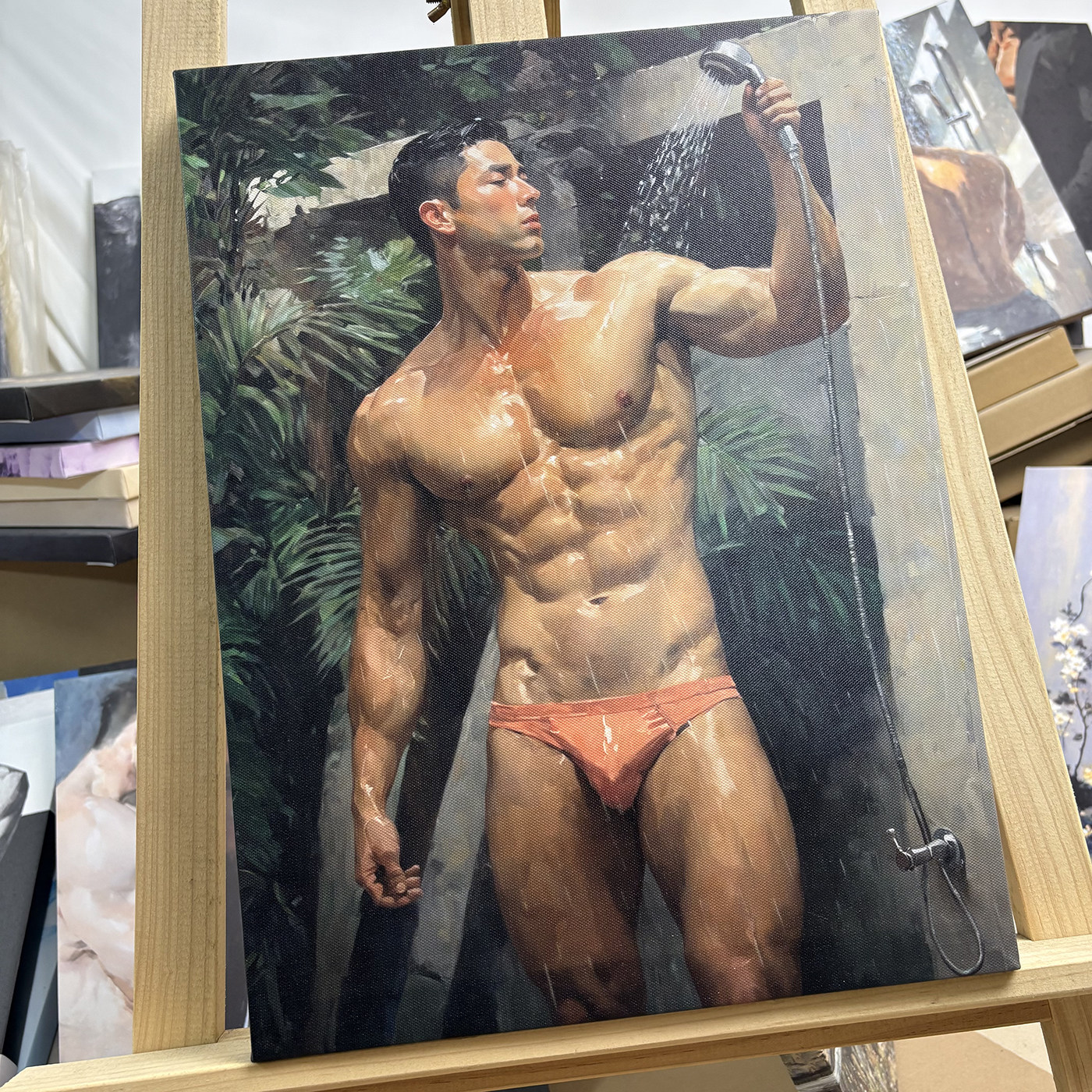 幽庭浴影肌肉男油画装饰画户外写实人体艺术挂画浴室公寓墙壁画