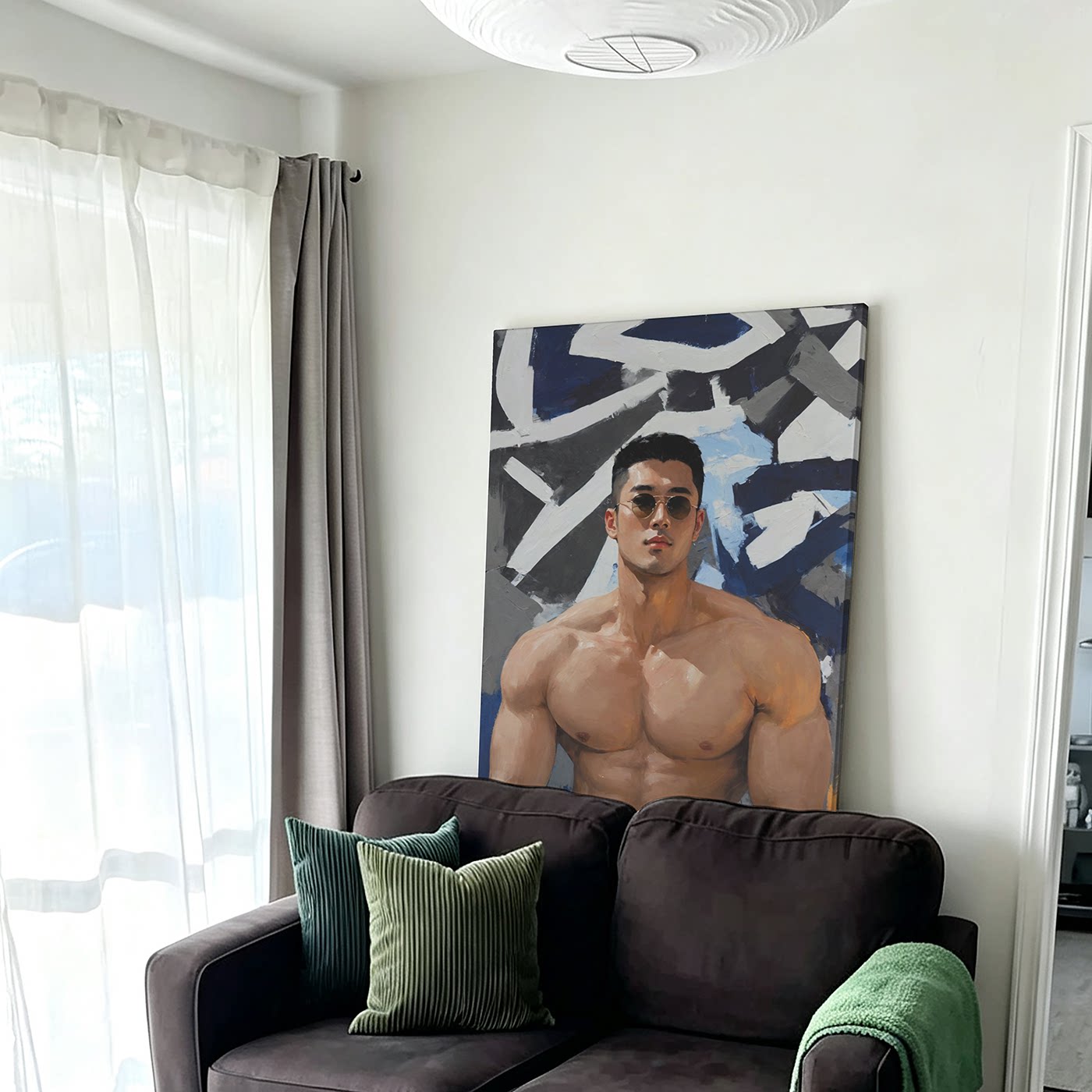 墨镜肌肉高清装饰画卧室挂画喷绘油画室内靠墙工作室男体艺术