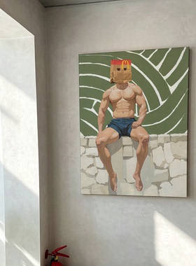 肌肉男纸袋头套装饰画卧室挂画喷绘油画室内靠墙工作室男体艺术