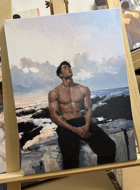 海隅听风写实油画海边礁石肌肉男装饰画黄昏云静谧氛围感艺术挂画