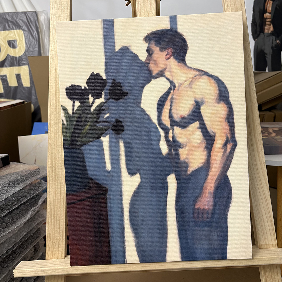 肌肉男吻装饰画挂画喷绘油画卧室男体工作室艺术玄关男体画框