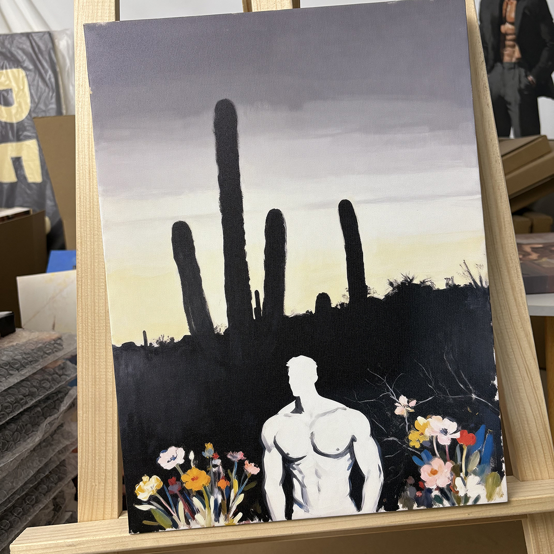 肌肉男旁晚野地装饰画挂画喷绘油画卧室男体工作室艺术玄关画框