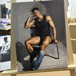 艺术男体油画静态写生肌肉男胸肌特写装饰画客厅布置人体艺术