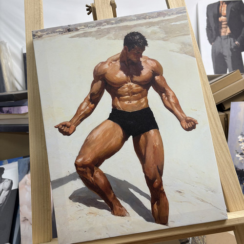 复古美式油画挂画沙漠健美肌肉男人力量艺术画健身房工作室装饰画