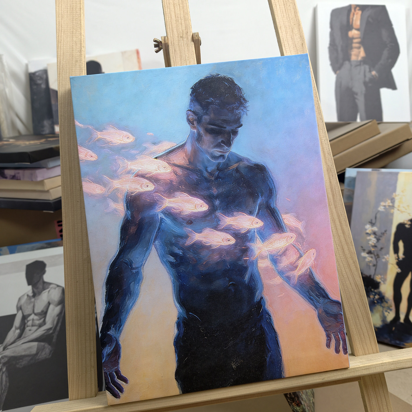 超现实油画风幻彩肌肉男士装饰画浮游金鱼创意挂画卧室客厅挂画