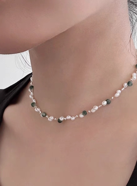 天然小米珍珠短项链绿色多宝颈链