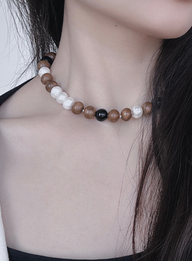 WINNME·暗香浮影·黑曜石沉香木珠珍珠大串珠choker短项链原创