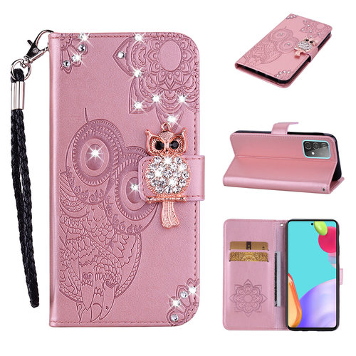 适用三星 Galaxy A14 5G/A15/A37/A57/A53/A33/A17/A22/A36/A72/S21 FE/S23/S22/S24 猫头鹰压花 闪钻 皮套