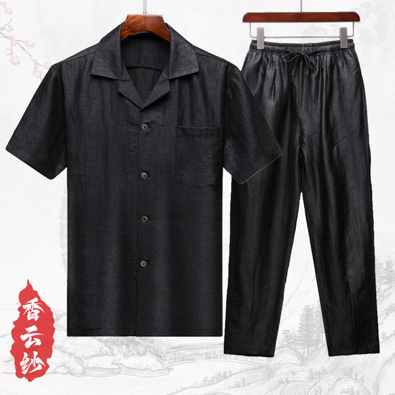 真丝龟裂纹香云纱桑蚕丝短袖衬衫男士套半袖唐装2024夏季新装