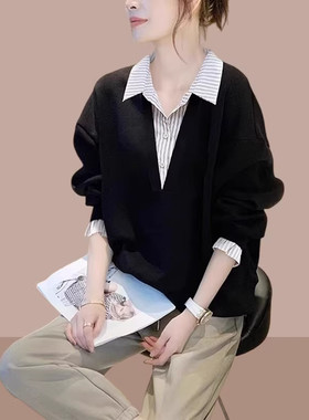 春秋宽松显瘦假两件条纹拼接衬衫