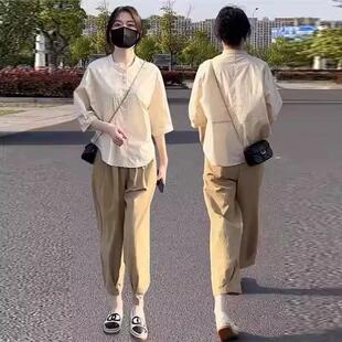 2025夏季新款女士中袖衬衫九分哈伦裤套装休闲裤五分袖上衣两件套