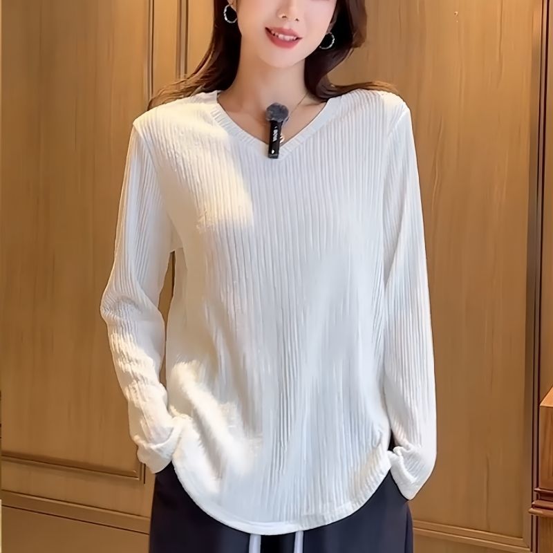 大码高级肌理V领内搭打底衫女早秋新款胖mm巨显瘦百搭长袖t恤上衣