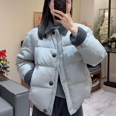 2025冬季新款撞色翻领加厚短款棉衣外套女款小个子洋气保暖棉袄潮