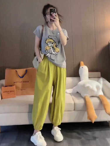 休闲套装女2025新款运动休闲束脚阔腿裤配上衣短袖t恤两件套夏装