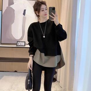 欧货设计感撞色拼接中长款 宽松慵懒风不规则上衣潮 卫衣女秋冬大码